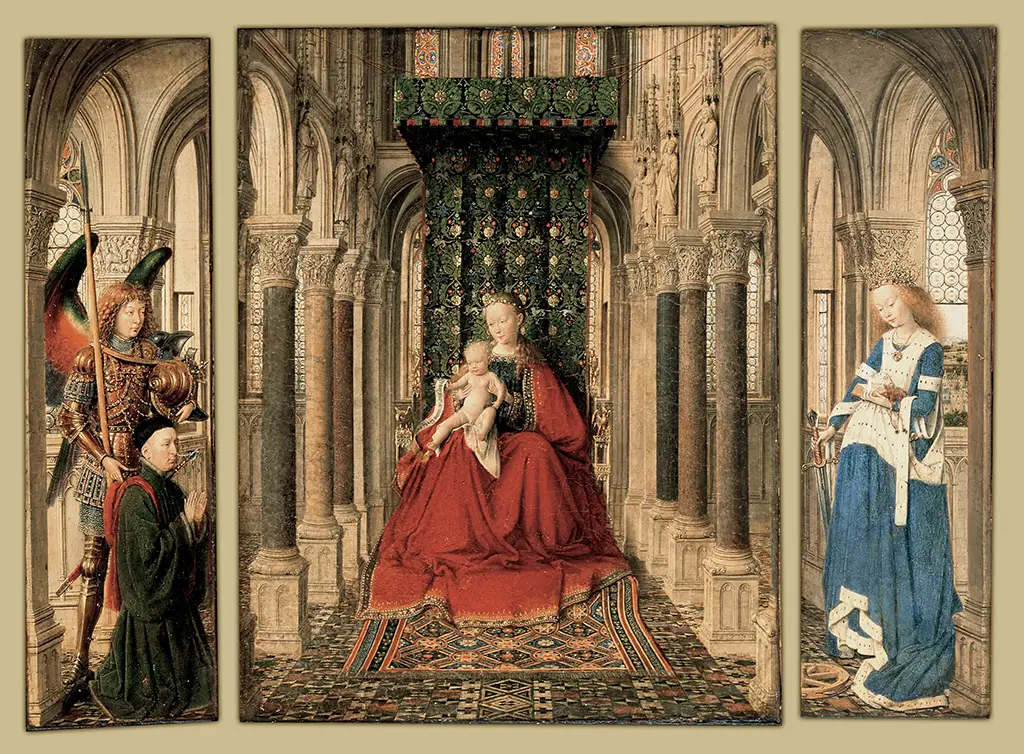 Virgin and Child with St Michael, St. Catherine and a Donor (Dresden Triptych) in Detail Jan van Eyck